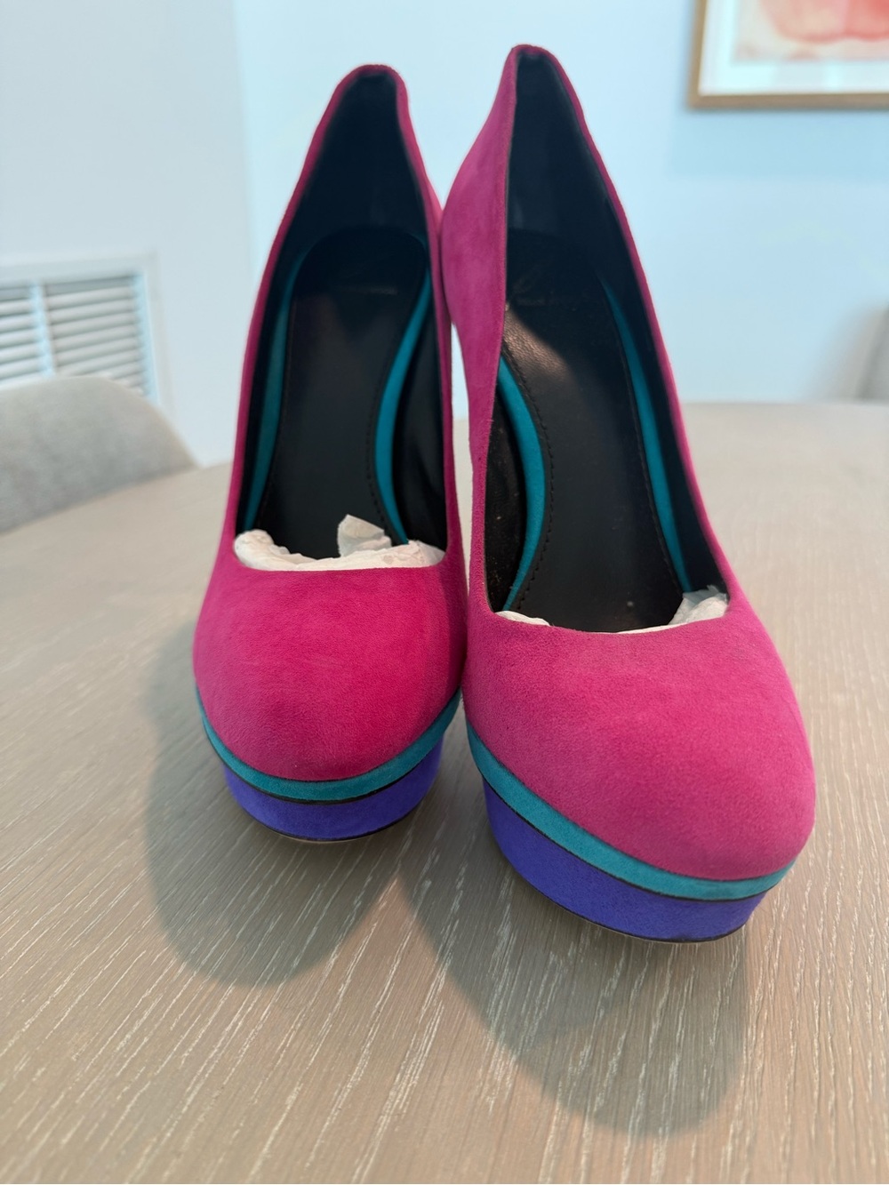 Brian Atwood Magenta Suede Platform Pumps with Teal and Purple Trim